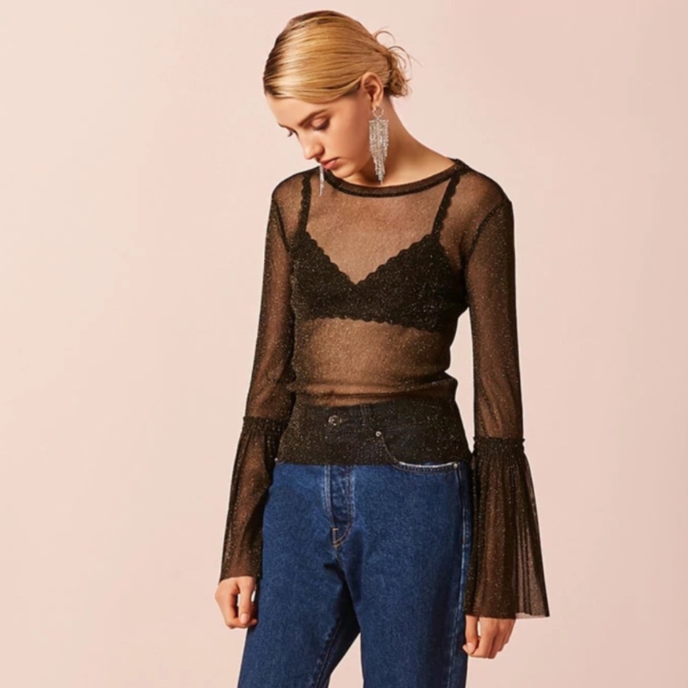 Black and Gold Metallic Trumpet Sleeve Top Blouse